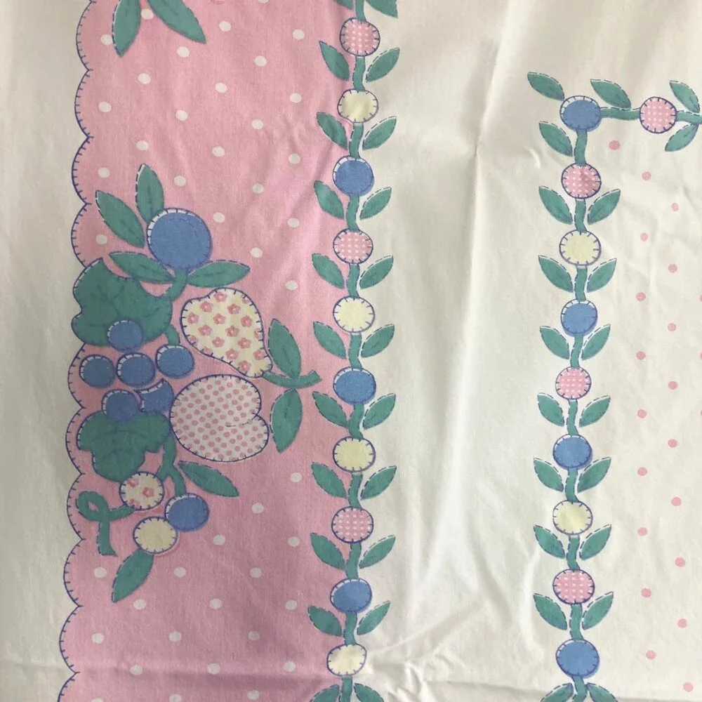 Vintage Fruit Tablecloth Pink Blue 51x 58 Cotton Mid Century Spring Summer